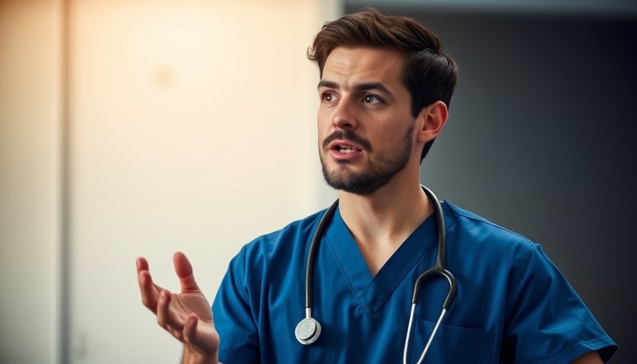 Young male doctor speaking animatedly indoors.