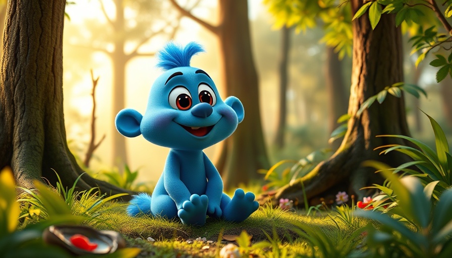 Charming blue cartoon creature in a vibrant forest, showcasing AI tools in animation.