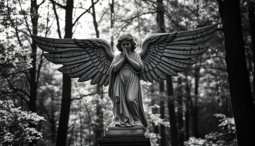 Monochrome angel statue in forest, highlighting angel investing theme.