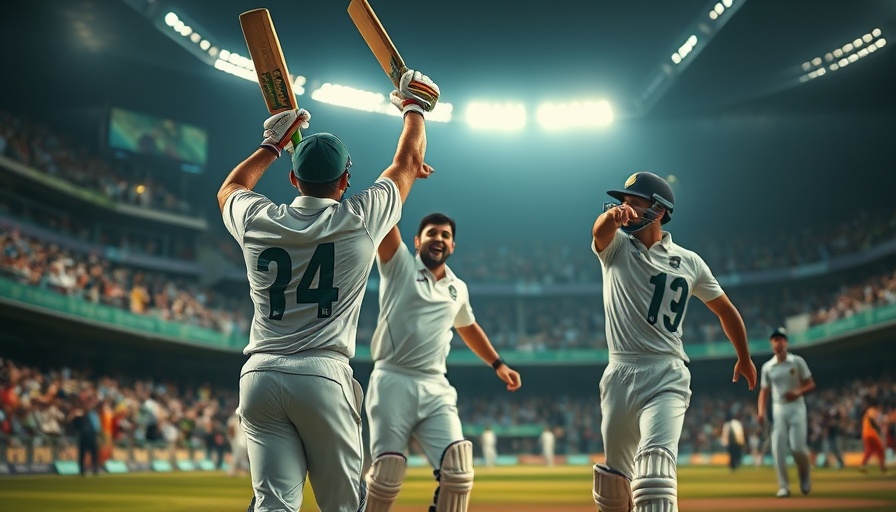 Cricket players celebrating in a vibrant stadium.