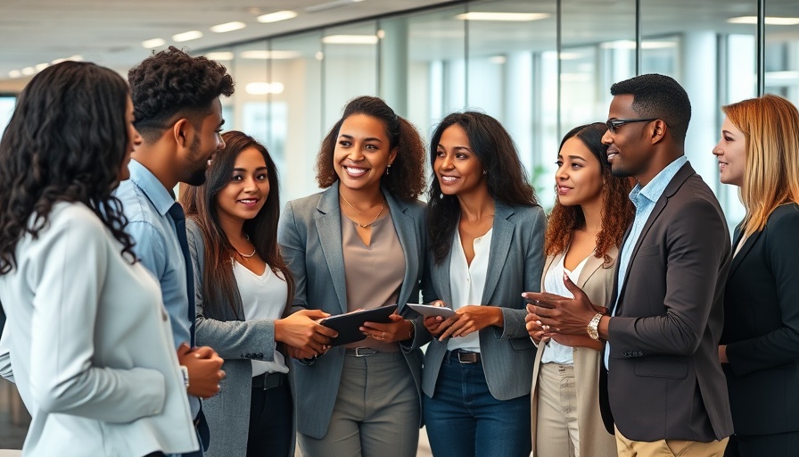 Diverse professionals discussing in a modern office environment.