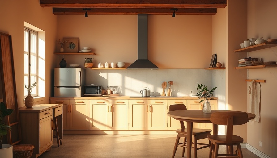 Warm minimalistic kitchen with wooden elements and soft decor.