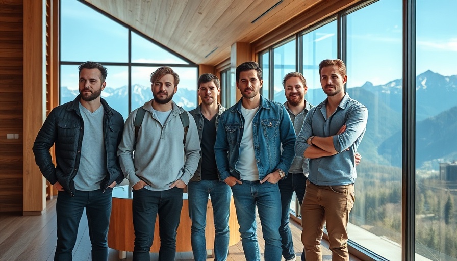 Casual group in modern interior with mountain view, social AI companions theme.