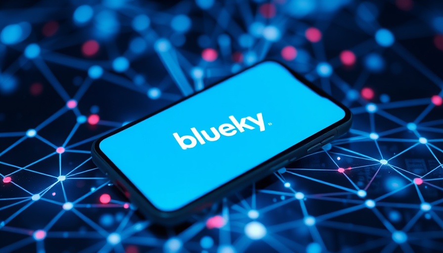 Bluesky app on smartphone, digital network background. Age-verification compliance social media.