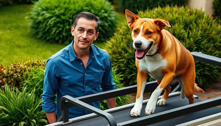 Amused man with dog on treadmill in garden, weirdest dog products.