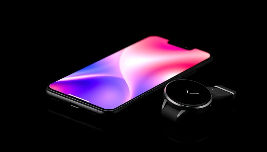 iPhone 17 features with earbuds and smartwatch on a split background.