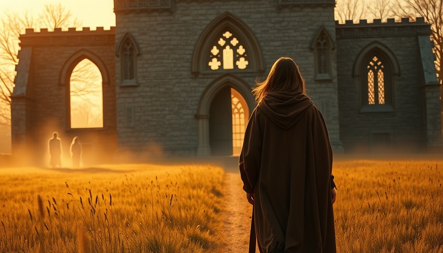Historical fiction mystery book cover with a cloaked woman near an old church.