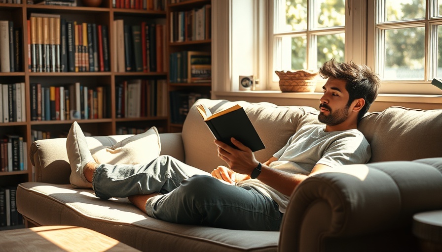 Cozy reading moment with person on sofa and bookshelf.