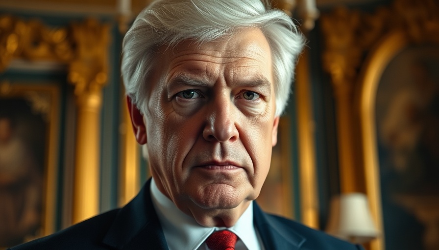 Mature man in suit, serious, luxurious room, Trump tariffs impact.