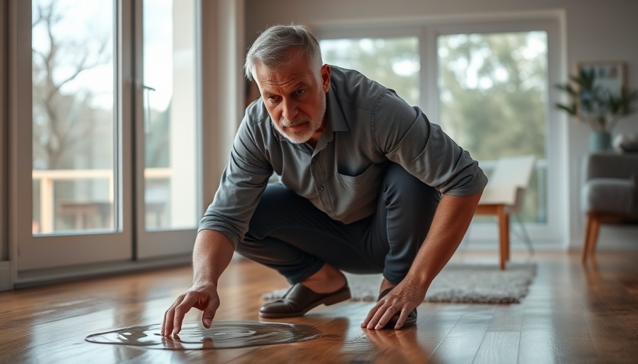 Concerned man examining water on wooden floor, smart water leak detectors context.
