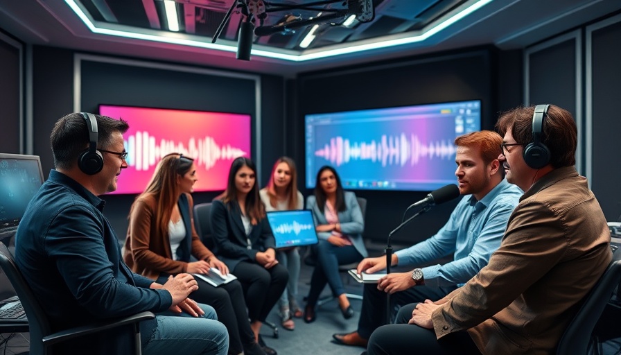 Diverse group recording an AI powered podcast in a high-tech studio.