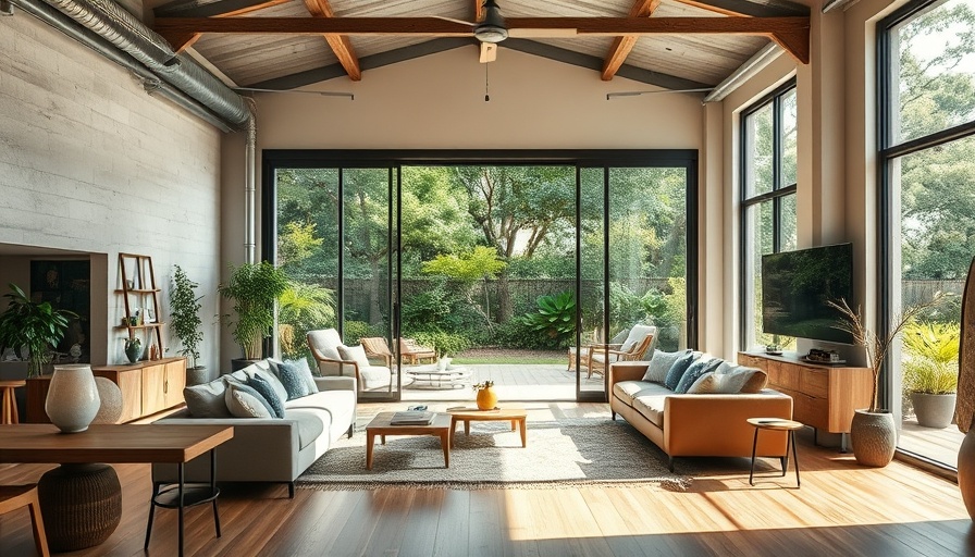 Modern living room with open doors to garden, architect couple remodeling home.