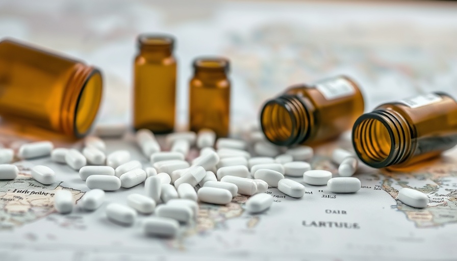 Reshoring pharmaceutical production concept with pills on a world map.