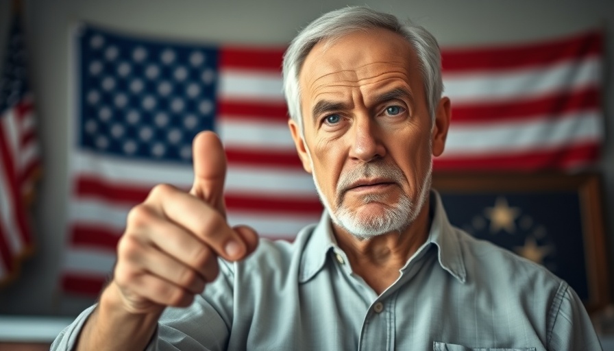 Serious man gesturing at press conference with flag backdrop.