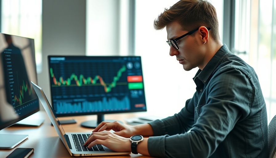 Young man analyzing cheap stocks investment on laptop in office.