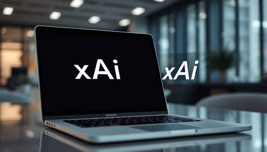 xAI logo on laptop screen in modern office setting.