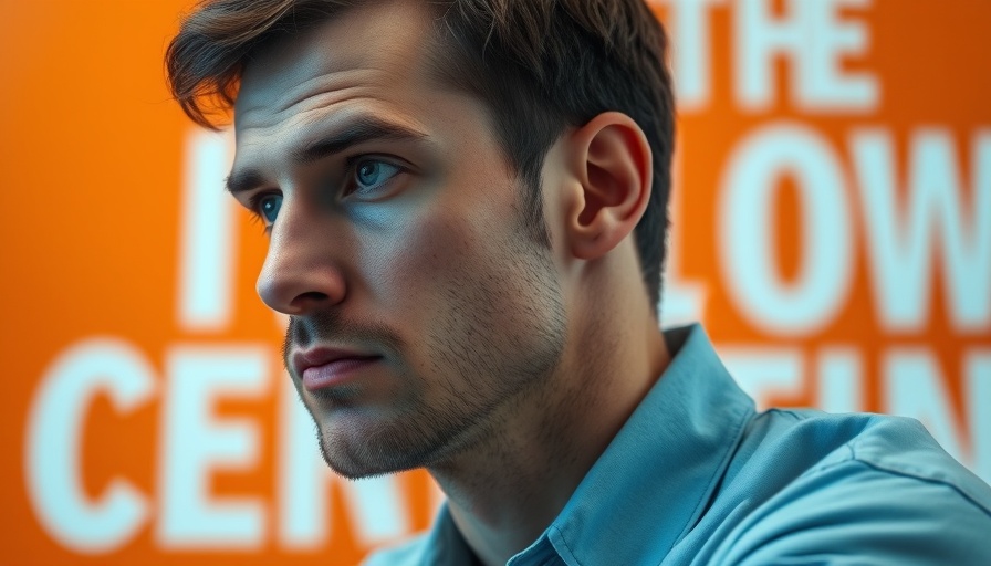 Contemplative man in blue shirt against orange background, AI-Powered Developer Tools.