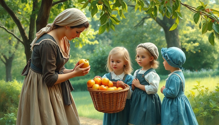 Impressionist scene depicts 18th-19th century food sharing.