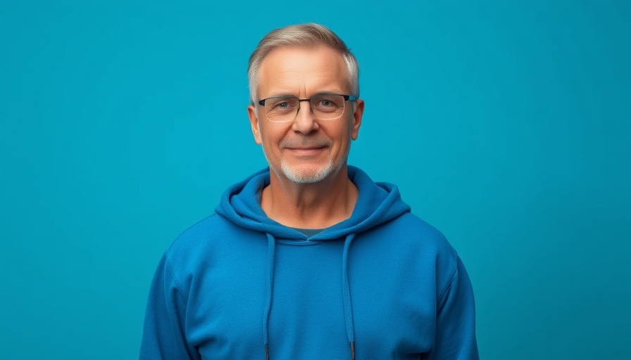 Middle-aged man in blue hoodie with confident pose, plain background.