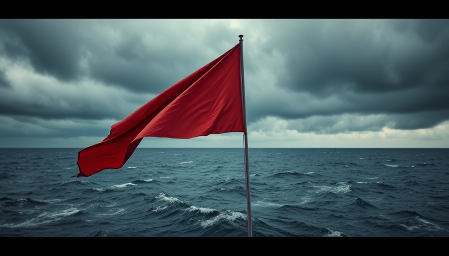 Dramatic red flag over stormy sea with dark clouds for drone cloud-seeding proposal.