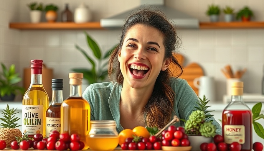 Natural products like olive oil and honey that actually work, kitchen setting.