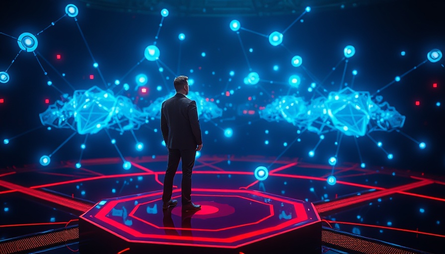 Futuristic scene of a holographic figure and man amid glowing nodes, symbolizing acquisition of Simpleshow by D-ID.