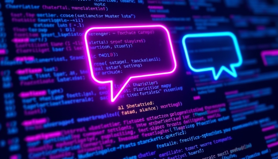Neon chat bubbles over code symbolizing AI Code Review Solutions.