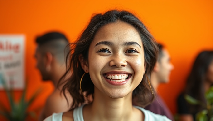 Cheerful young woman in front of an orange background, AI opportunities for startups.