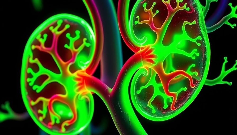 Vibrant neon lab-grown kidney structures in a sci-fi style.
