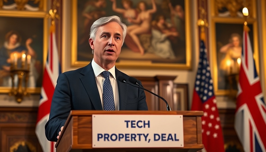 Confident politician speaking on Tech Prosperity Deal, UK and US flags in background, business growth capital.
