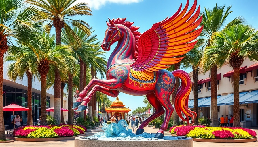 Winged horse sculpture at Todos Santos Wellness Fest amidst palm trees.