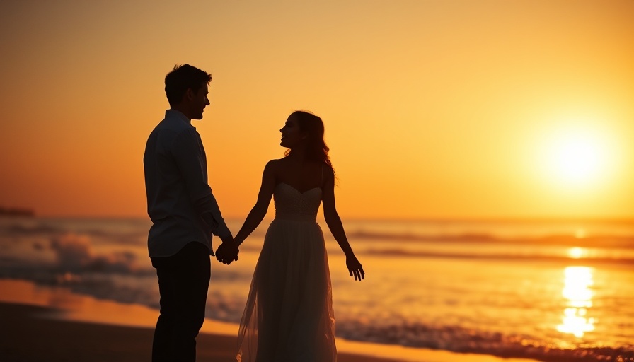 Silhouetted couple at sunset on beach, clean romance scene.