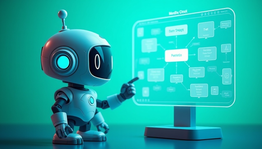 Cute robot with digital flowchart on mint green background