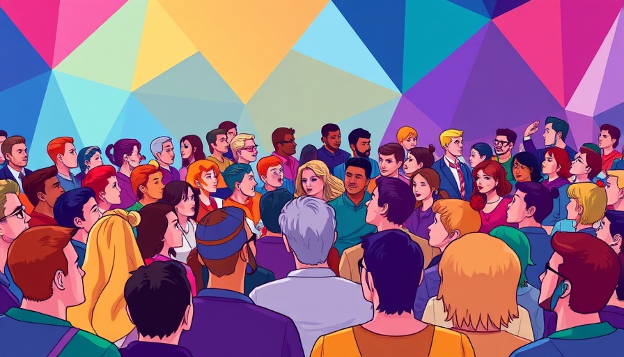 Vibrant event gathering with diverse speakers in cartoon style.