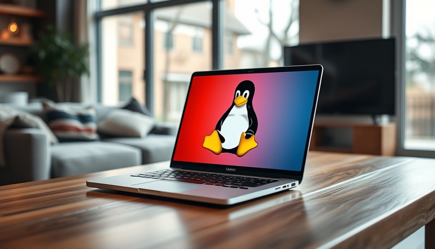 Sleek modern Linux laptop on table, warm living room background.