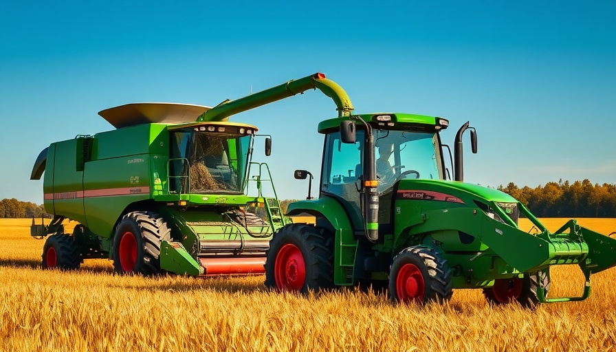 Agricultural machinery in a wheat field under clear skies.