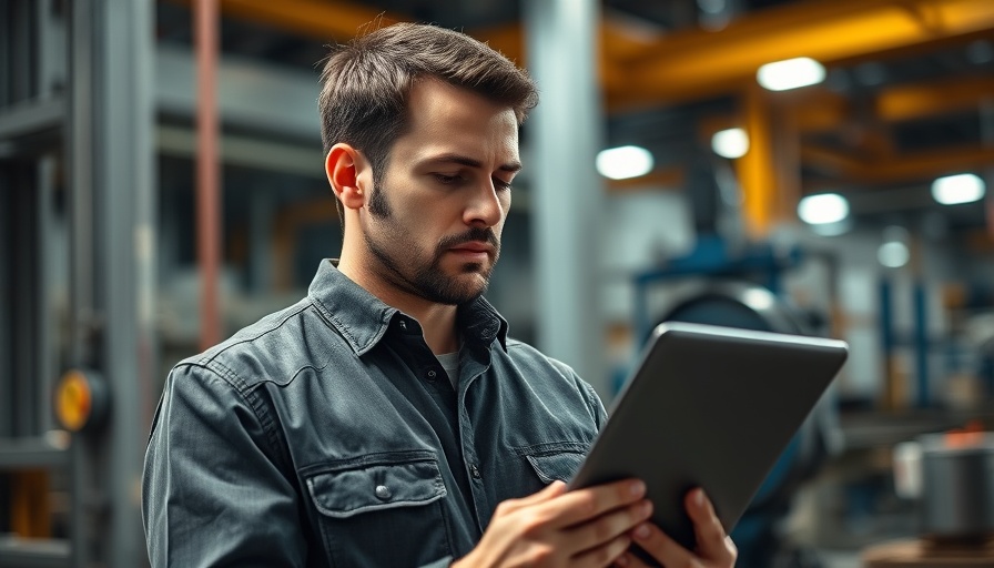 Focused man managing business costs in a factory setting, using a tablet.