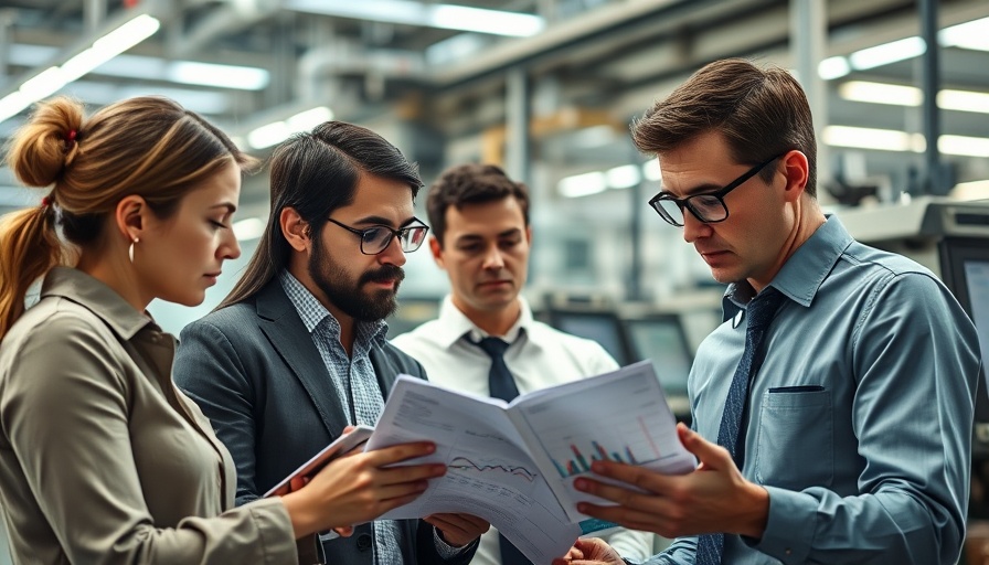 Professionals in a factory analyzing a production cost increase chart.