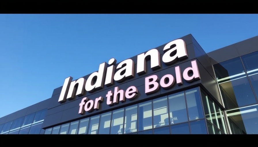 Modern Indianapolis building with Indiana for the Bold logo.