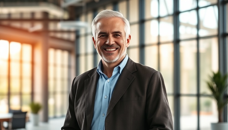 Professional middle-aged man smiling in modern office, representing AI Hardware Innovations.