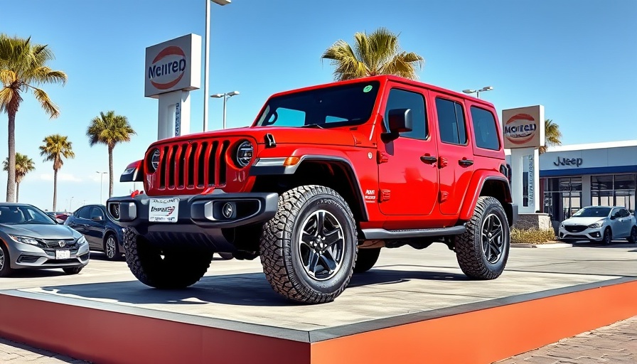 Red Jeep on display at car dealership with blue sky.