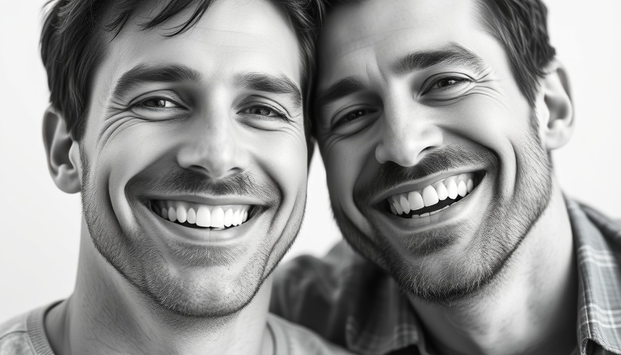 Two smiling men in a black and white portrait.