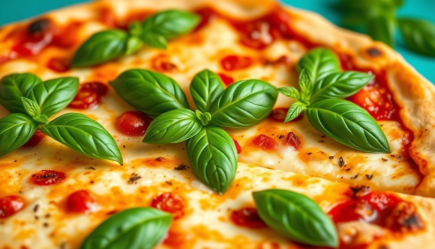 Homegrown basil leaves on pizza, homegrown herb garden for pizza.