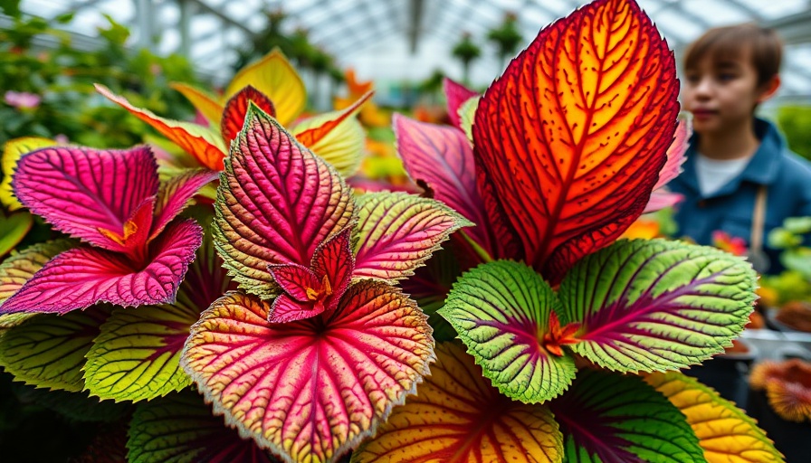 Vibrant perilla and coleus leaves in greenhouse setting