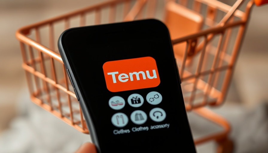 Smartphone with Temu logo and shopping cart background.