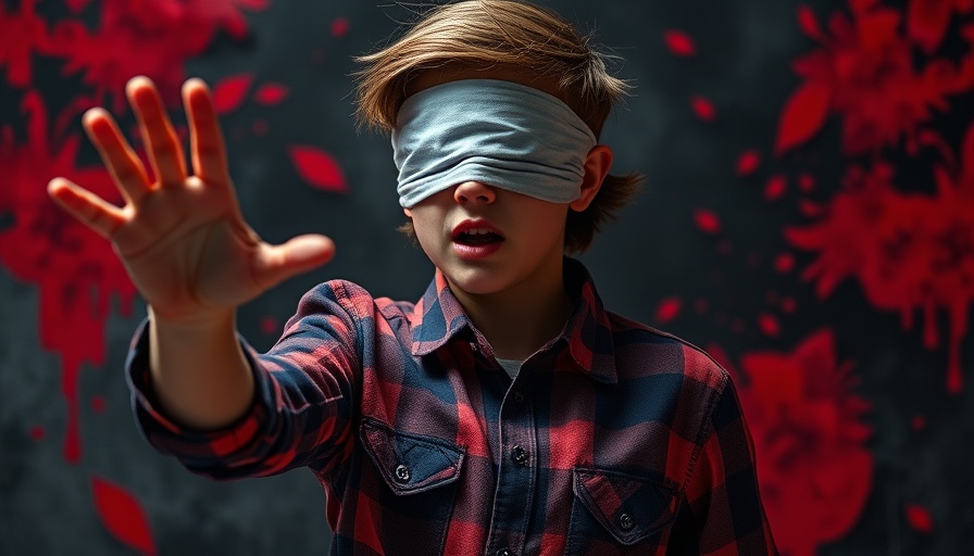 Dramatic scene of a blindfolded person under red lighting, Stranger Things.