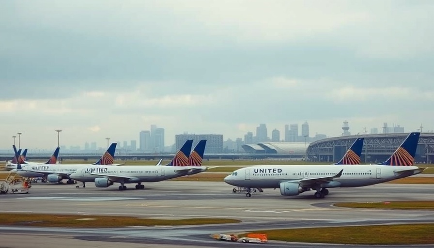 United Airlines planes at Newark, overcast skyline, flight disruptions.