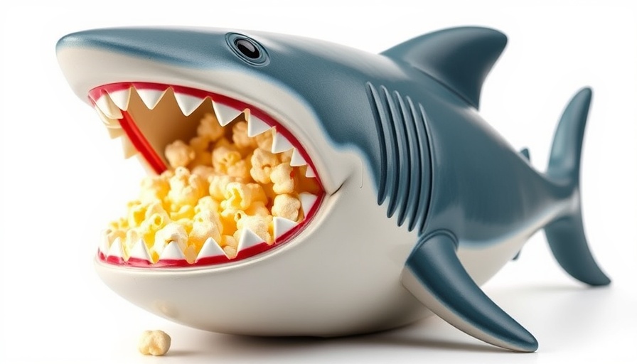 Shark-themed collectible popcorn bucket filled with popcorn.