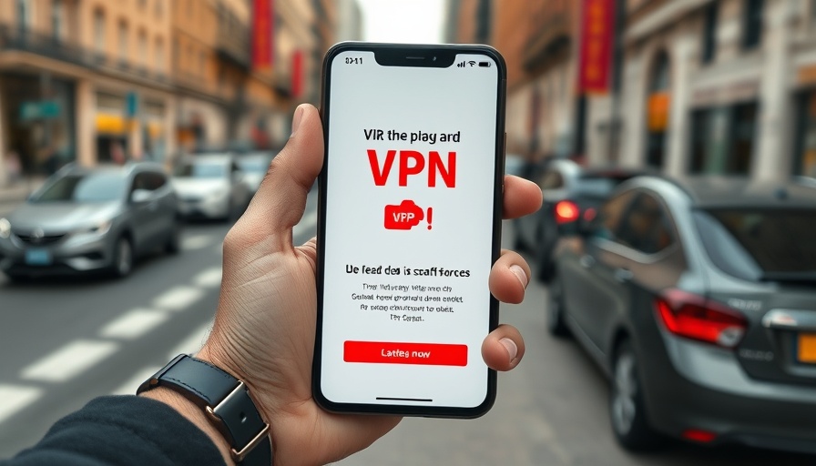Hand holding smartphone with VPN deal, city sidewalk background.