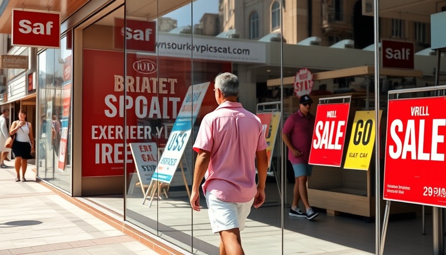 Storefront with sale signs and reflection of man, urging shopping before tariffs.